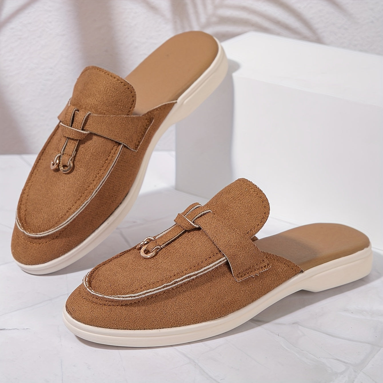 Women Backless Slip-On Loafer with Gold Hardware and Cushioned Insole