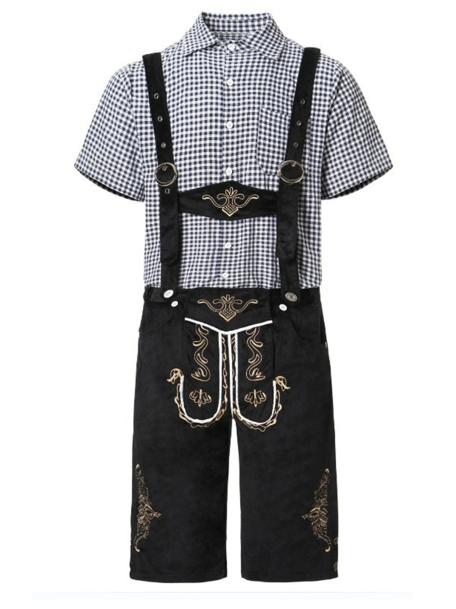 Sophisticated men's leather trousers set with intricately embroidered pants trendy suspenders and timeless plaid shirt – the perfect outfit for festive occasions