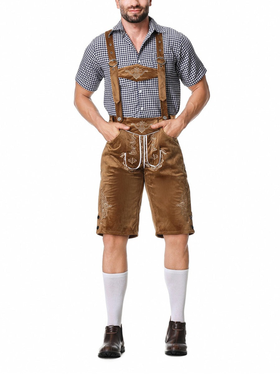 Sophisticated men's leather trousers set with intricately embroidered pants trendy suspenders and timeless plaid shirt – the perfect outfit for festive occasions