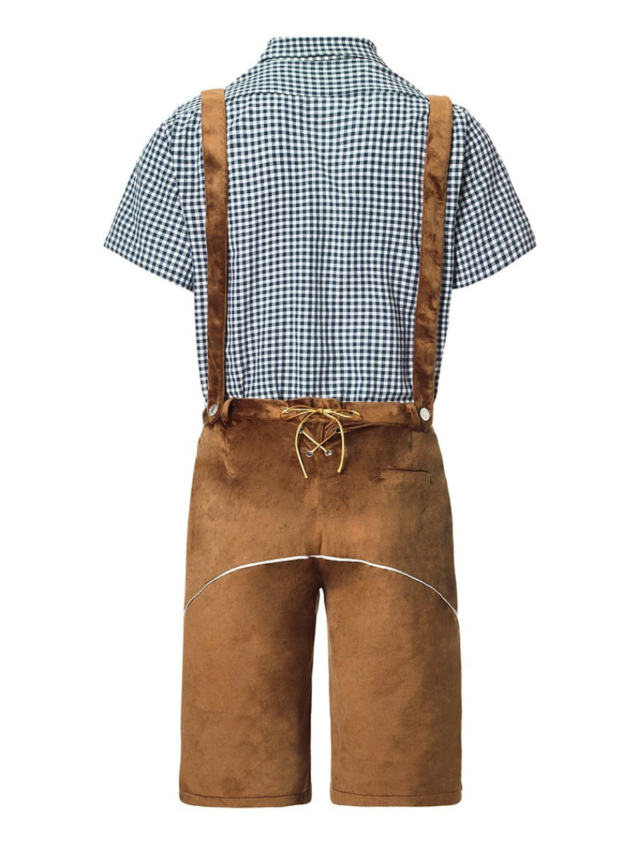 Sophisticated men's leather trousers set with intricately embroidered pants trendy suspenders and timeless plaid shirt – the perfect outfit for festive occasions