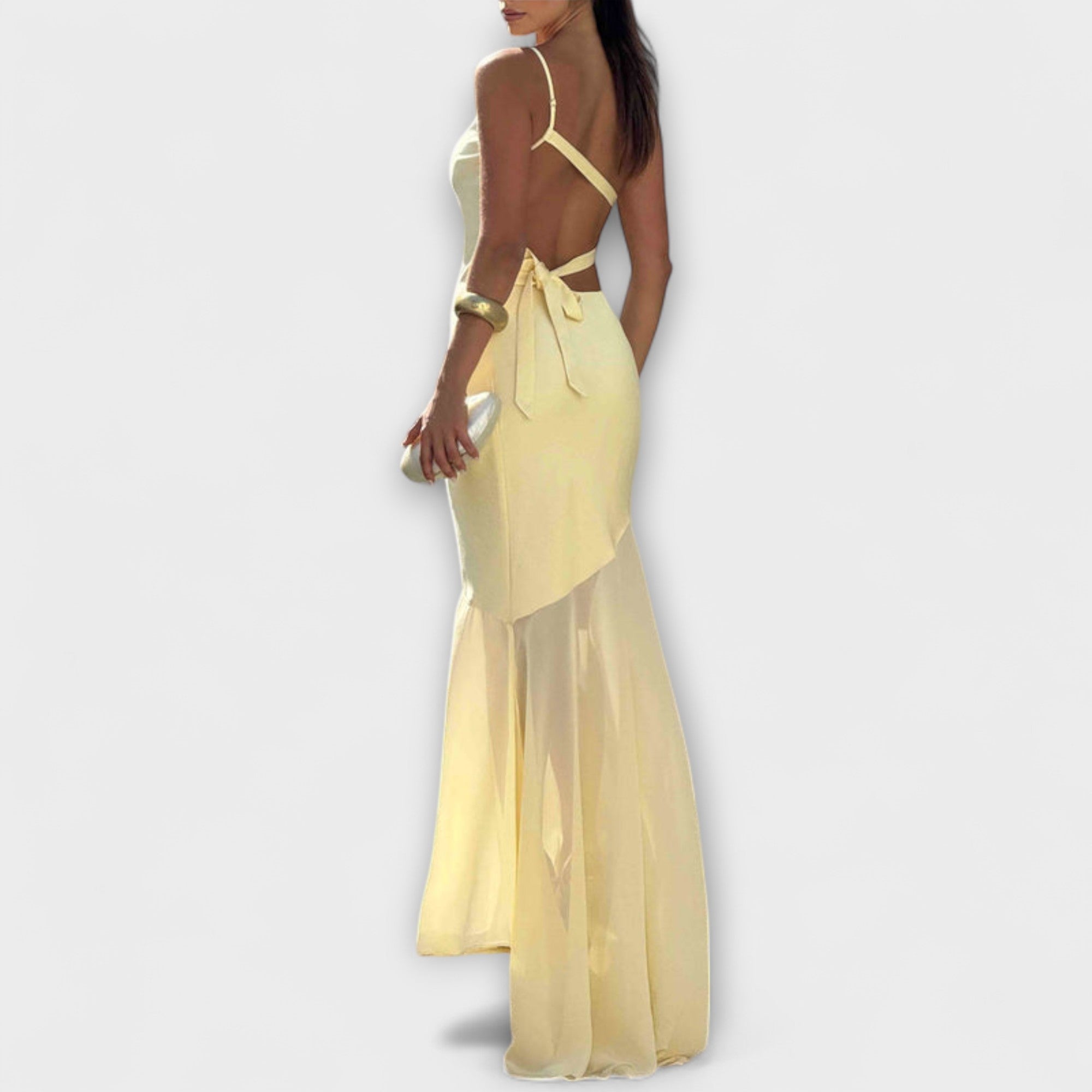 Women's Formal One-Shoulder White Maxi Dress with Sheer Hem