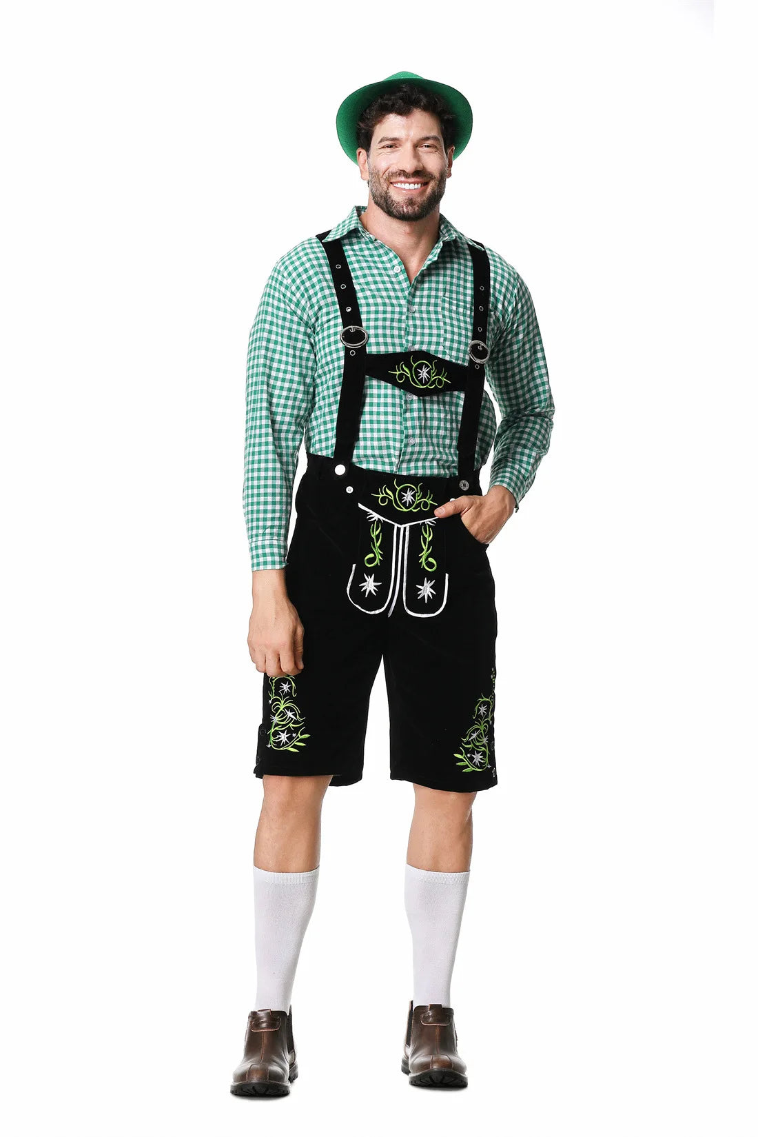 Worker's Day Men's Festival Set: Stylish Green Vest, Matching Pants, Traditional Hat, and Suspenders for a Perfect Look