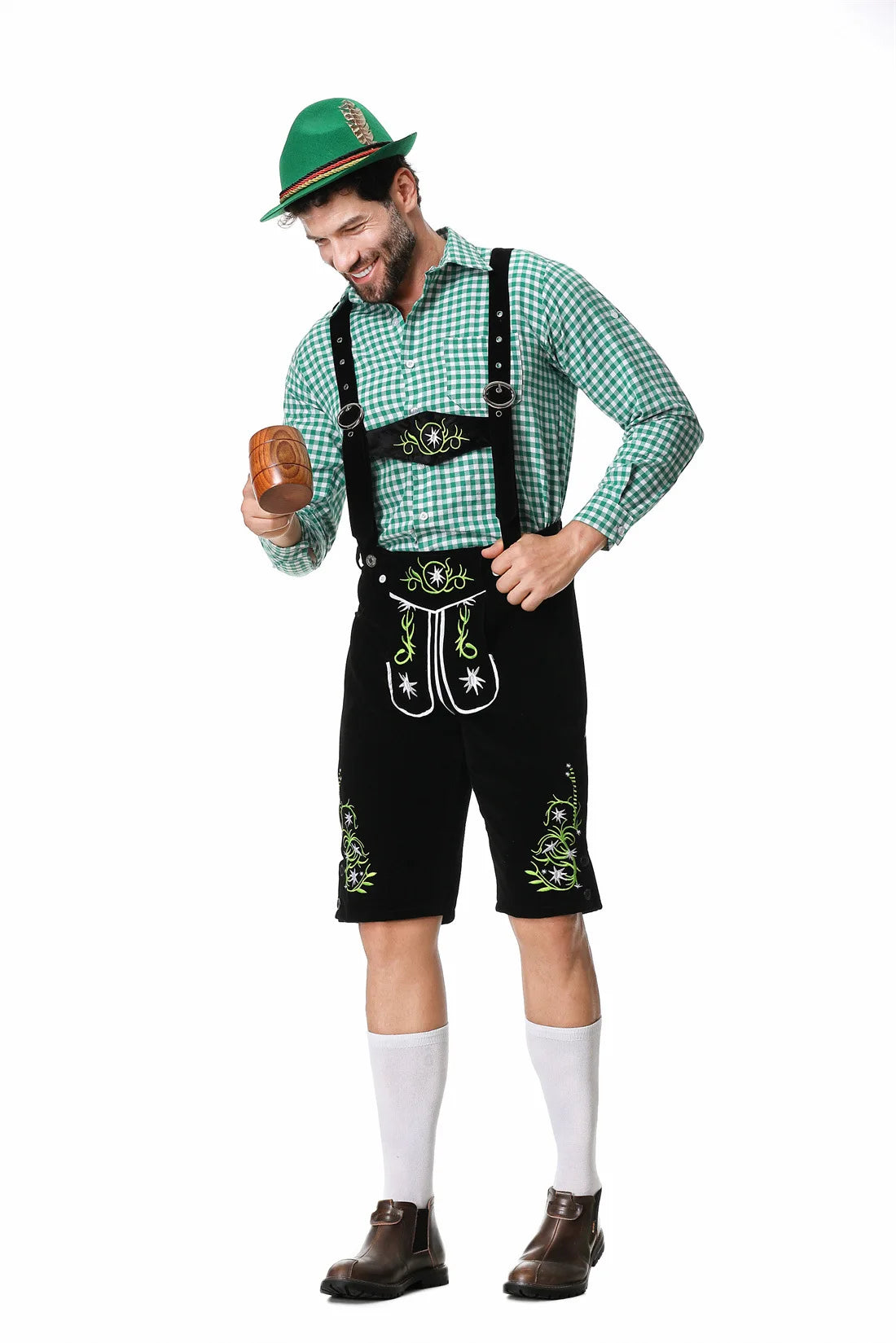 Worker's Day Men's Festival Set: Stylish Green Vest, Matching Pants, Traditional Hat, and Suspenders for a Perfect Look