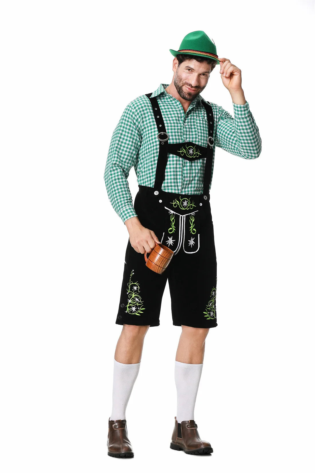 Worker's Day Men's Festival Set: Stylish Green Vest, Matching Pants, Traditional Hat, and Suspenders for a Perfect Look