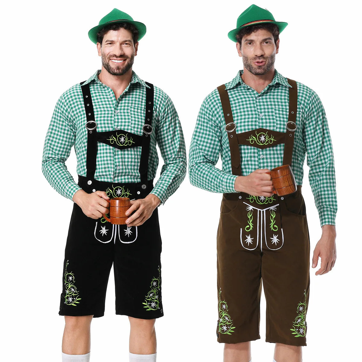 Worker's Day Men's Festival Set: Stylish Green Vest, Matching Pants, Traditional Hat, and Suspenders for a Perfect Look