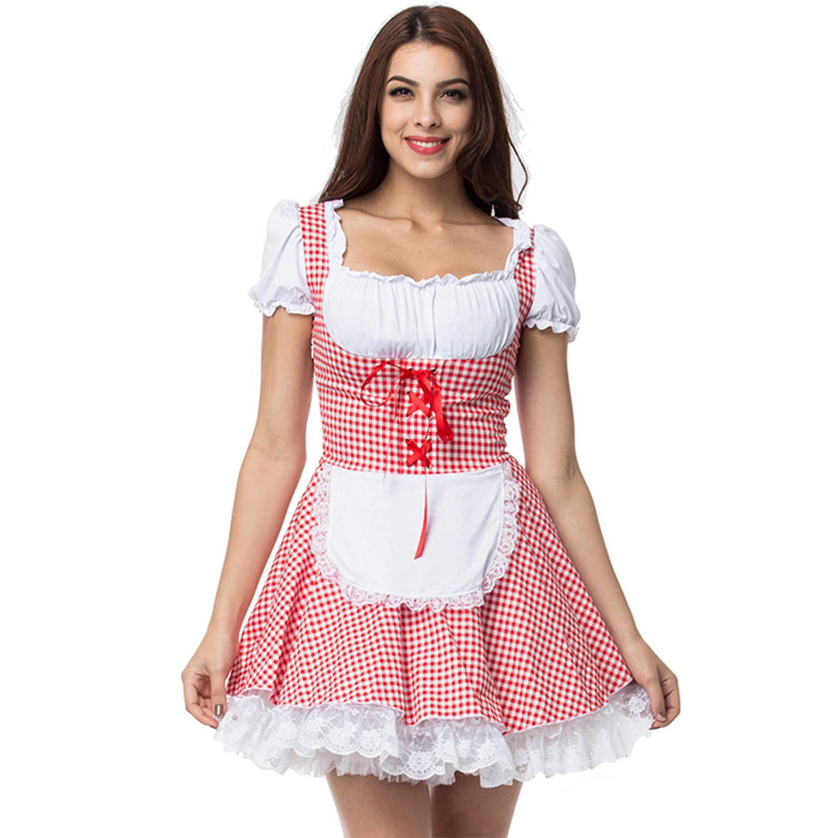 Elegant women's autumn off-shoulder dirndl with trendy checkered pattern