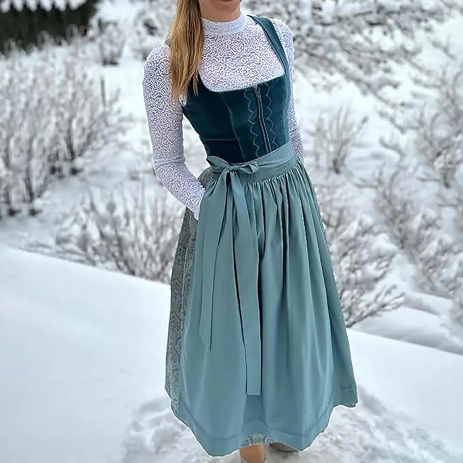 Elegant women's dirndl for Oktoberfest with vintage lacing and charming apron design