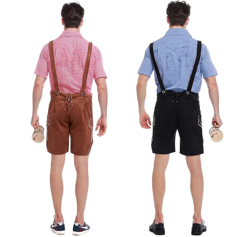 Authentic Bavarian Leather Shorts Set for Men with Elegant Embroidery, Stylish Checked Shirt, and Traditional Hat – Perfect Bavarian Look