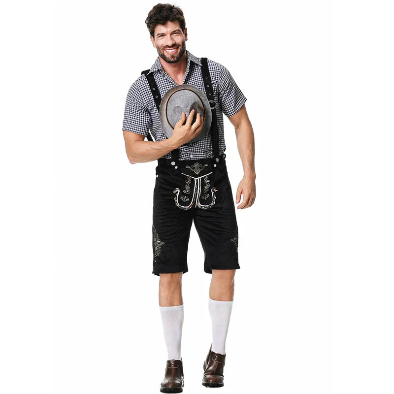 Men's stylish faux leather pants with detailed stitching and plaid shirt, suitable for special occasions