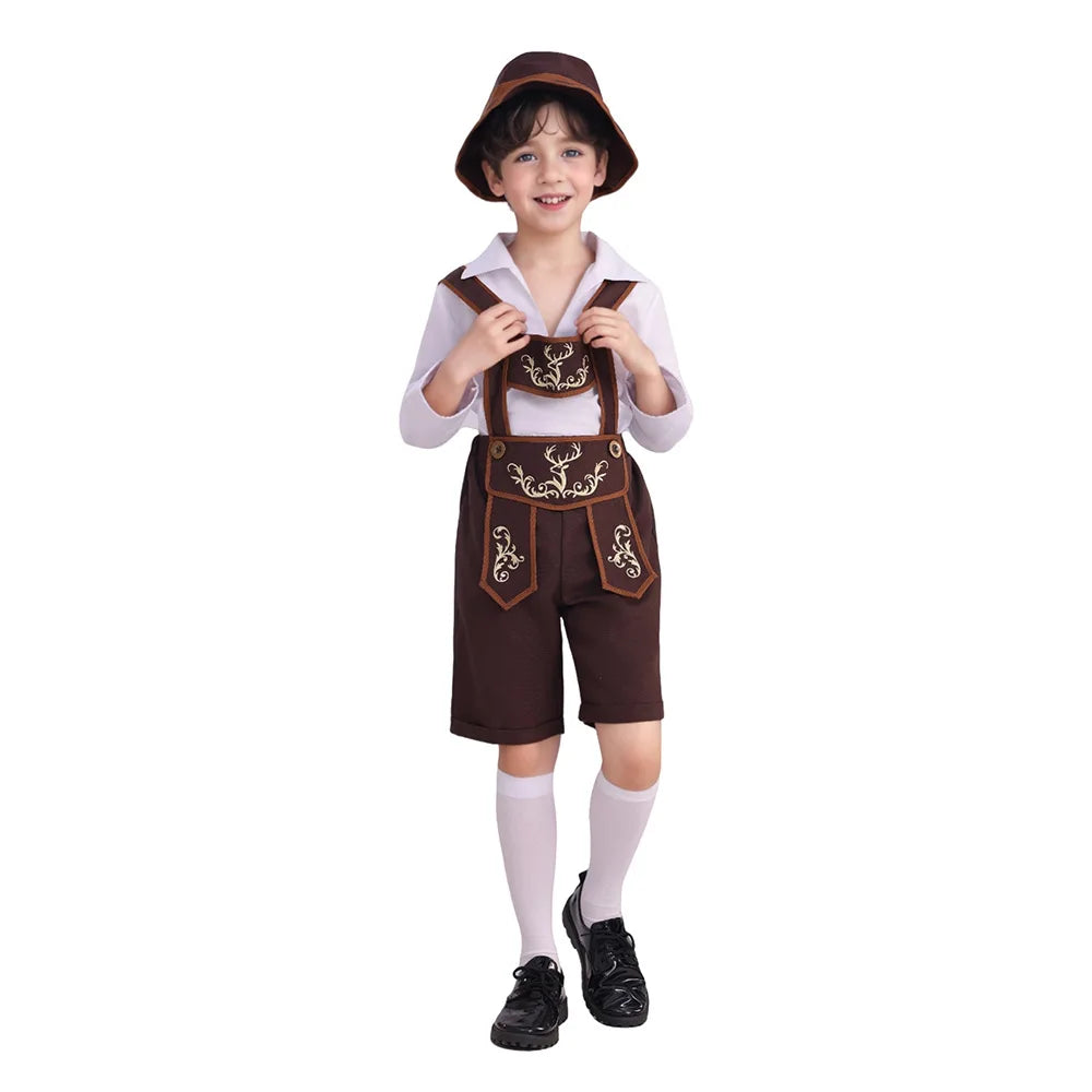 Authentic Bavarian Costume Set for Boys with Lederhosen, Hat, Shirt, and Knee Pads – Perfect for an Unforgettable Oktoberfest Experience