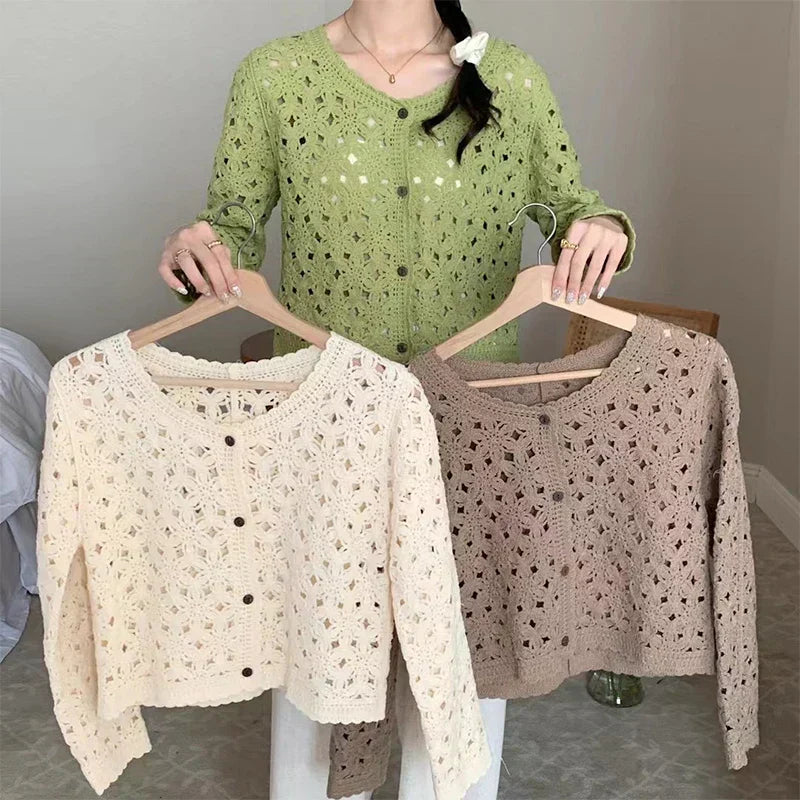 Women Cropped Eyelet Knit Cardigan with Button Front