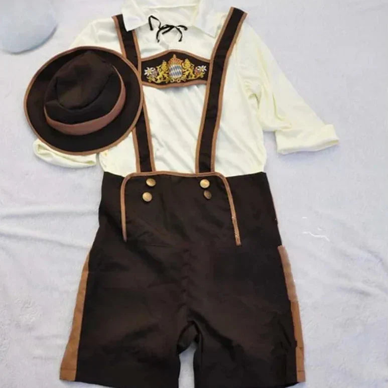 Traditional men's Oktoberfest suit with shirt, suspenders, and Bavarian hat — the perfect outfit for your celebration