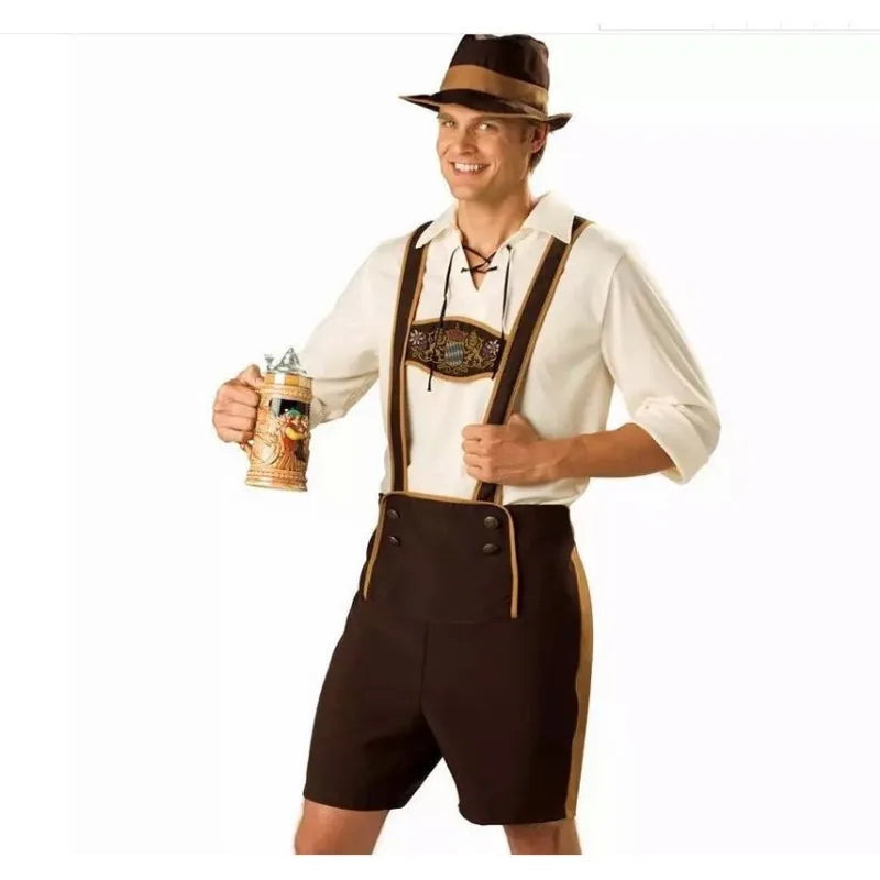 Traditional men's Oktoberfest suit with shirt, suspenders, and Bavarian hat — the perfect outfit for your celebration