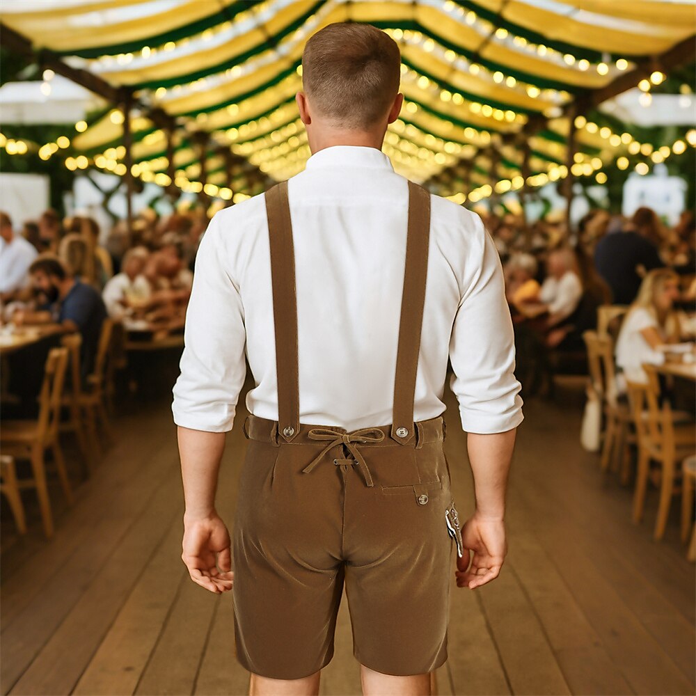 Stylish men's Oktoberfest leather trousers with intricate embroidery, comfortable suspenders, and practical side pockets – the perfect festival look