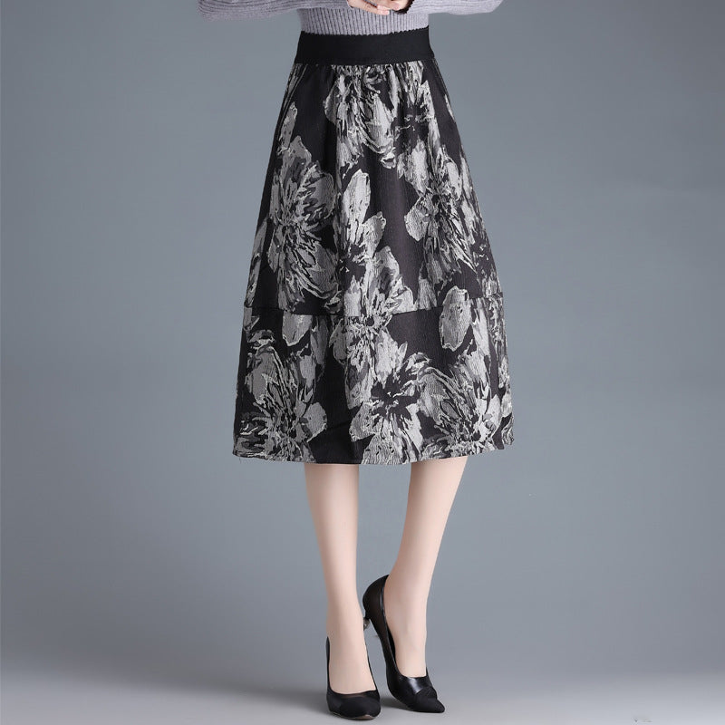 Female Mid-Length Skirt With High Waist A-Line Cut and Jacquard Floral Pattern