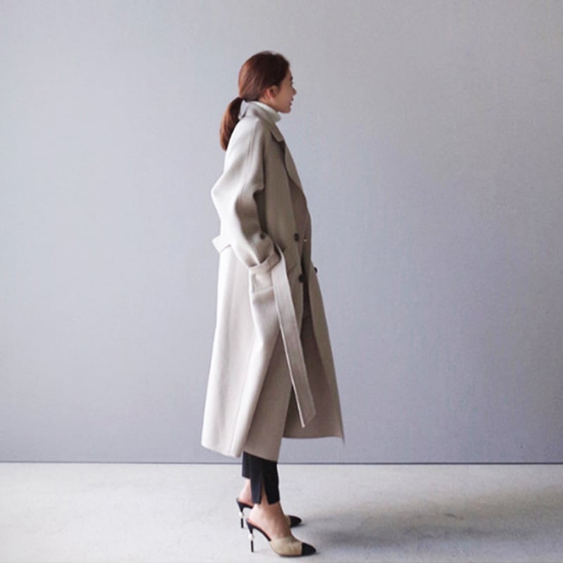 Women Autumn Coat Mid Length Double Sided With Waist Belt And Straight Cut Design