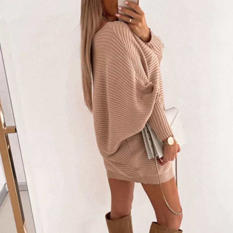 Woman Spring and Autumn Long-Sleeve Knit Mini Dress with Ribbed Texture