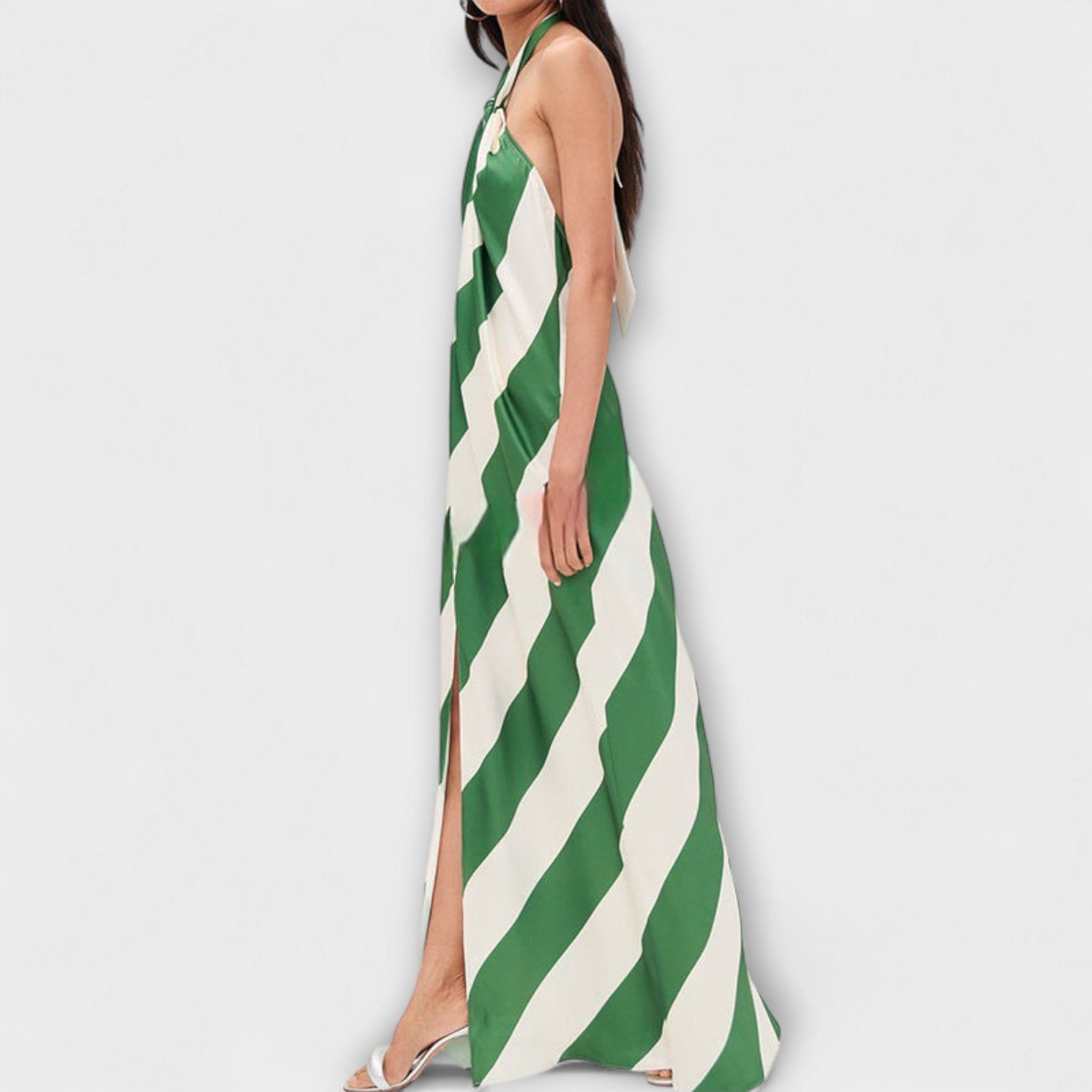 Women's Summer Halter Backless Maxi Dress with Striped Pattern and Ankle-Length