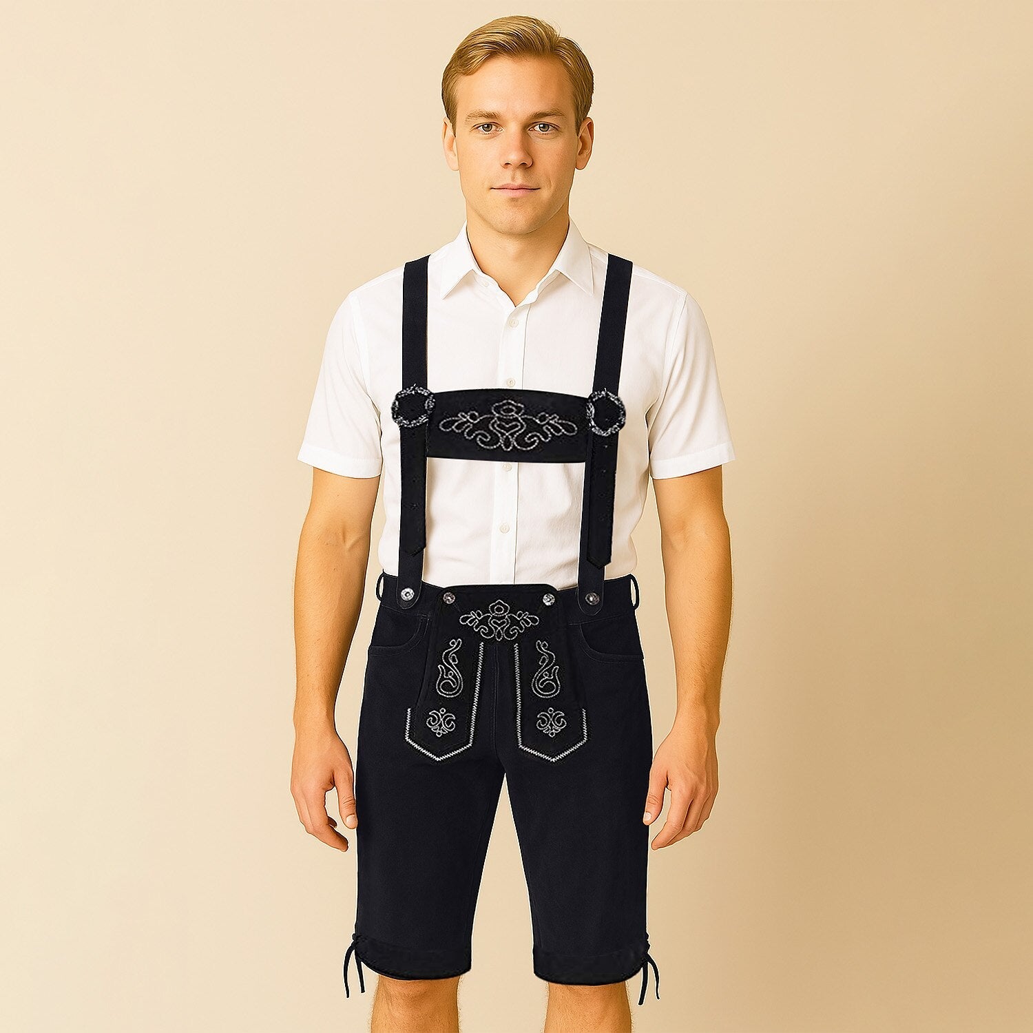 Men's Sophistication: Leather Shorts with Intricate Embroidery and Adjustable Suspenders – Your Ideal Oktoberfest Outfit