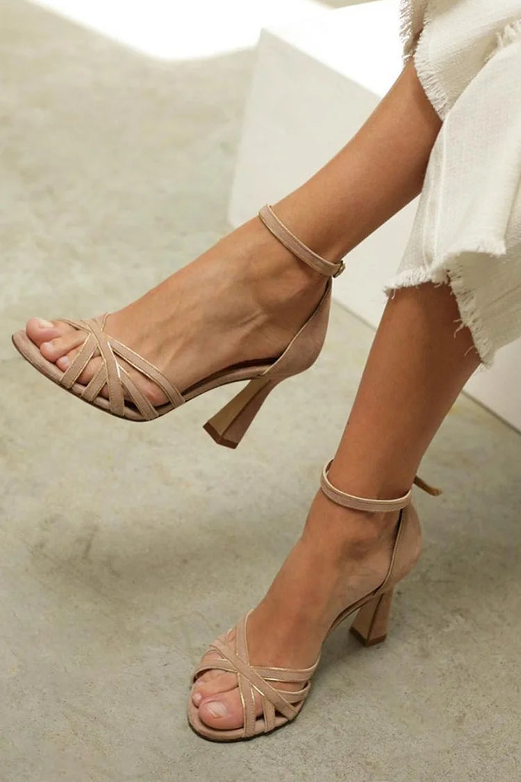 Women's Summer Block Heel Sandals with Ankle Strap & Crisscross Straps