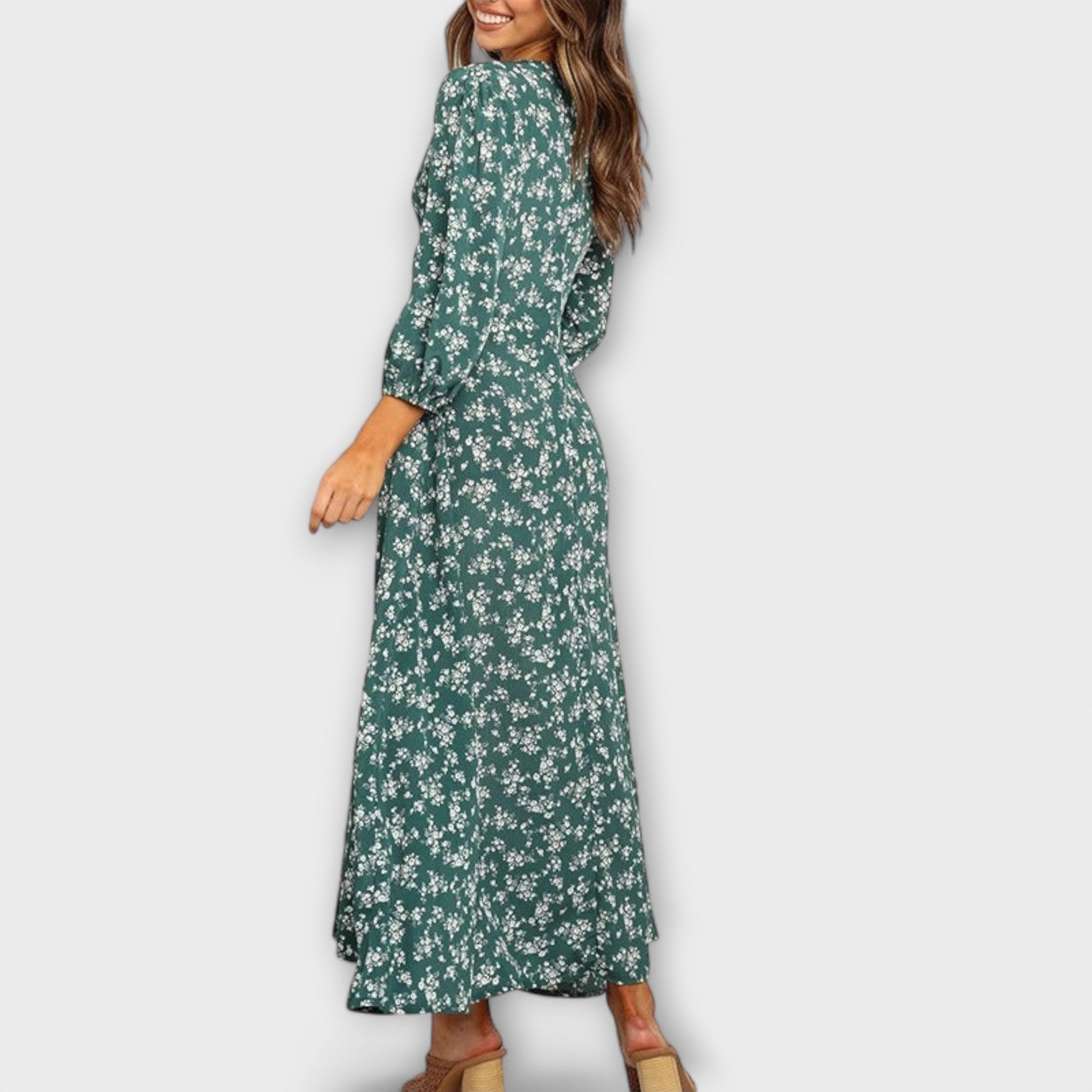 Women's Floral Print V-Neck Button-Front Maxi Dress with 3/4 Sleeves