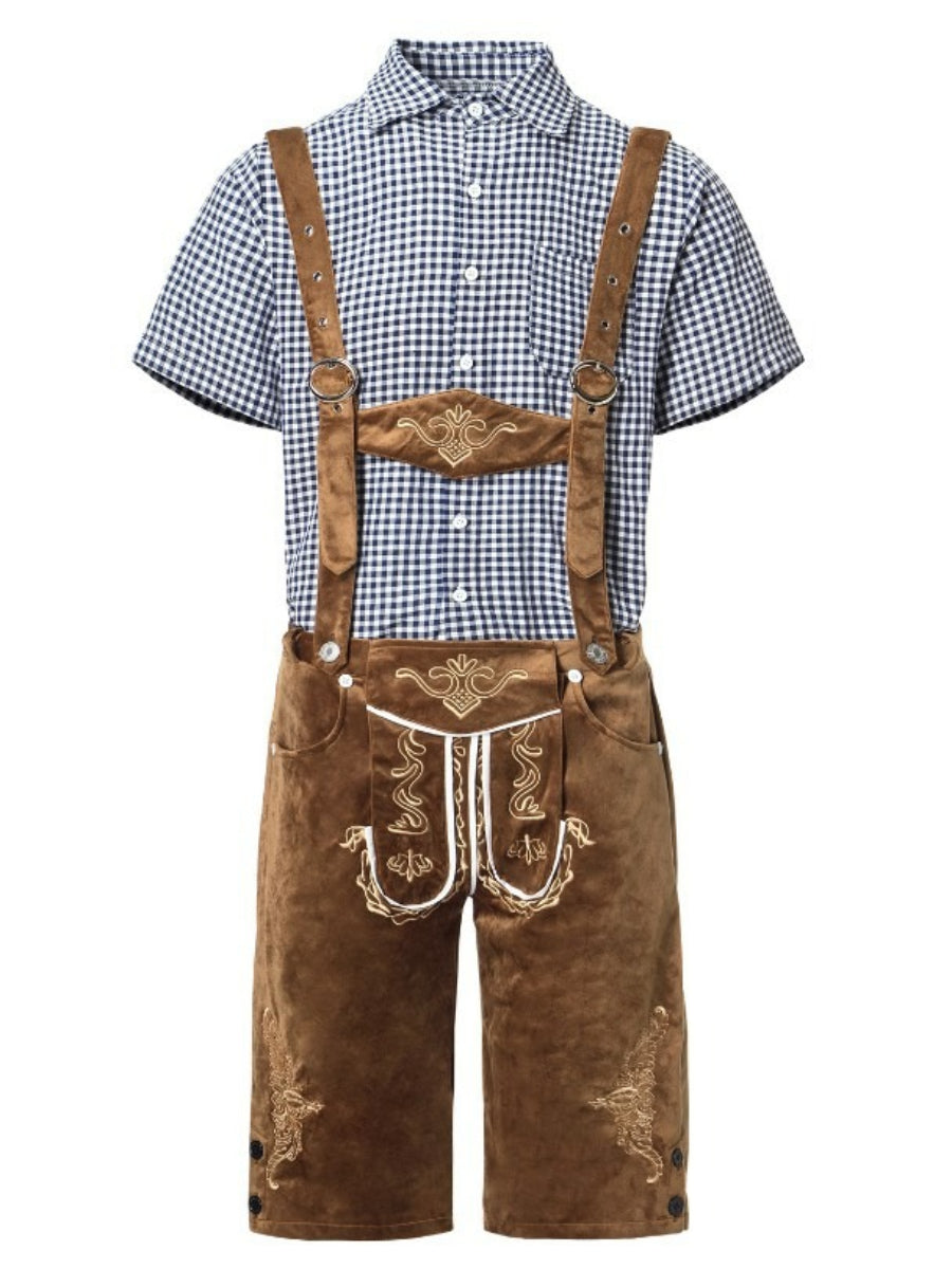 Sophisticated men's leather trousers set with intricately embroidered pants trendy suspenders and timeless plaid shirt – the perfect outfit for festive occasions
