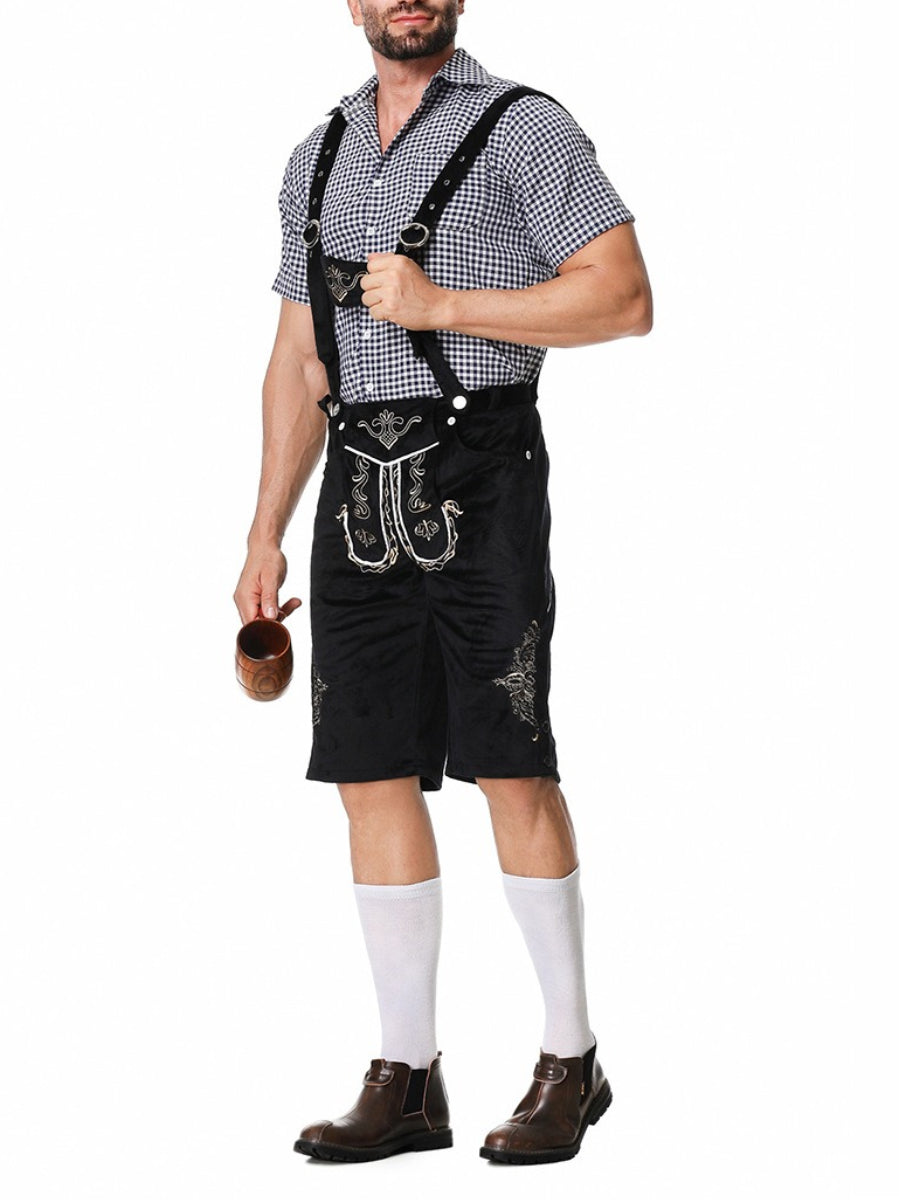 Sophisticated men's leather trousers set with intricately embroidered pants trendy suspenders and timeless plaid shirt – the perfect outfit for festive occasions
