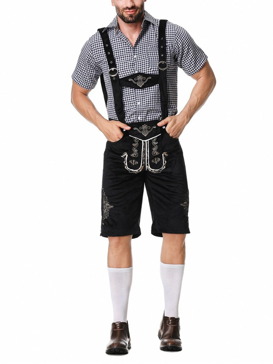 Sophisticated men's leather trousers set with intricately embroidered pants trendy suspenders and timeless plaid shirt – the perfect outfit for festive occasions
