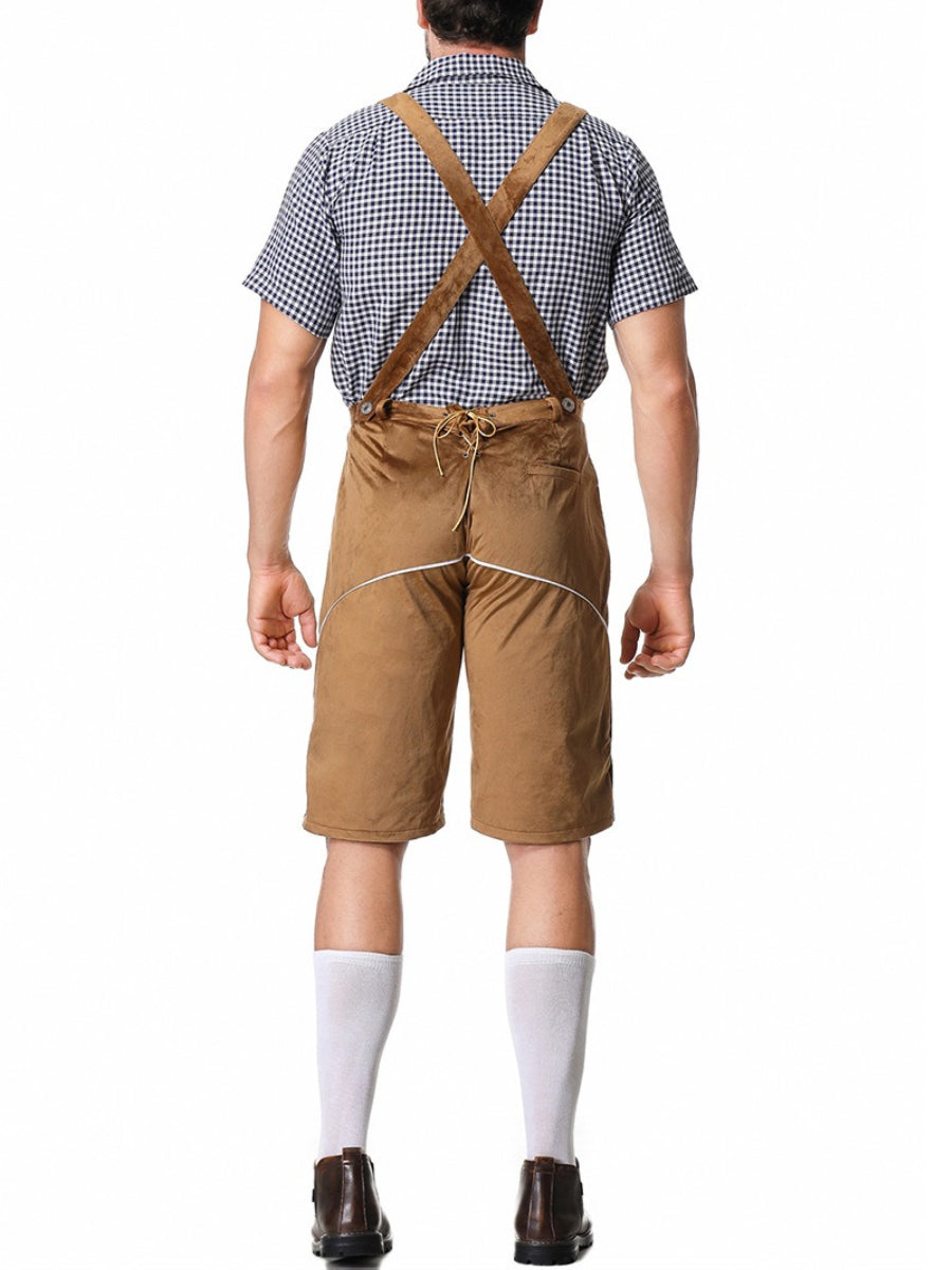 Sophisticated men's leather trousers set with intricately embroidered pants trendy suspenders and timeless plaid shirt – the perfect outfit for festive occasions