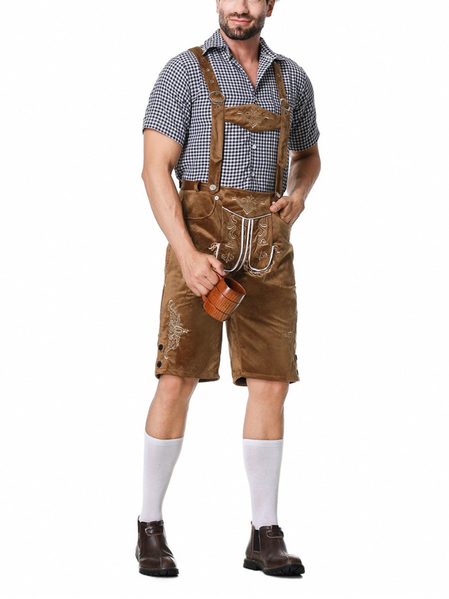 Sophisticated men's leather trousers set with intricately embroidered pants trendy suspenders and timeless plaid shirt – the perfect outfit for festive occasions