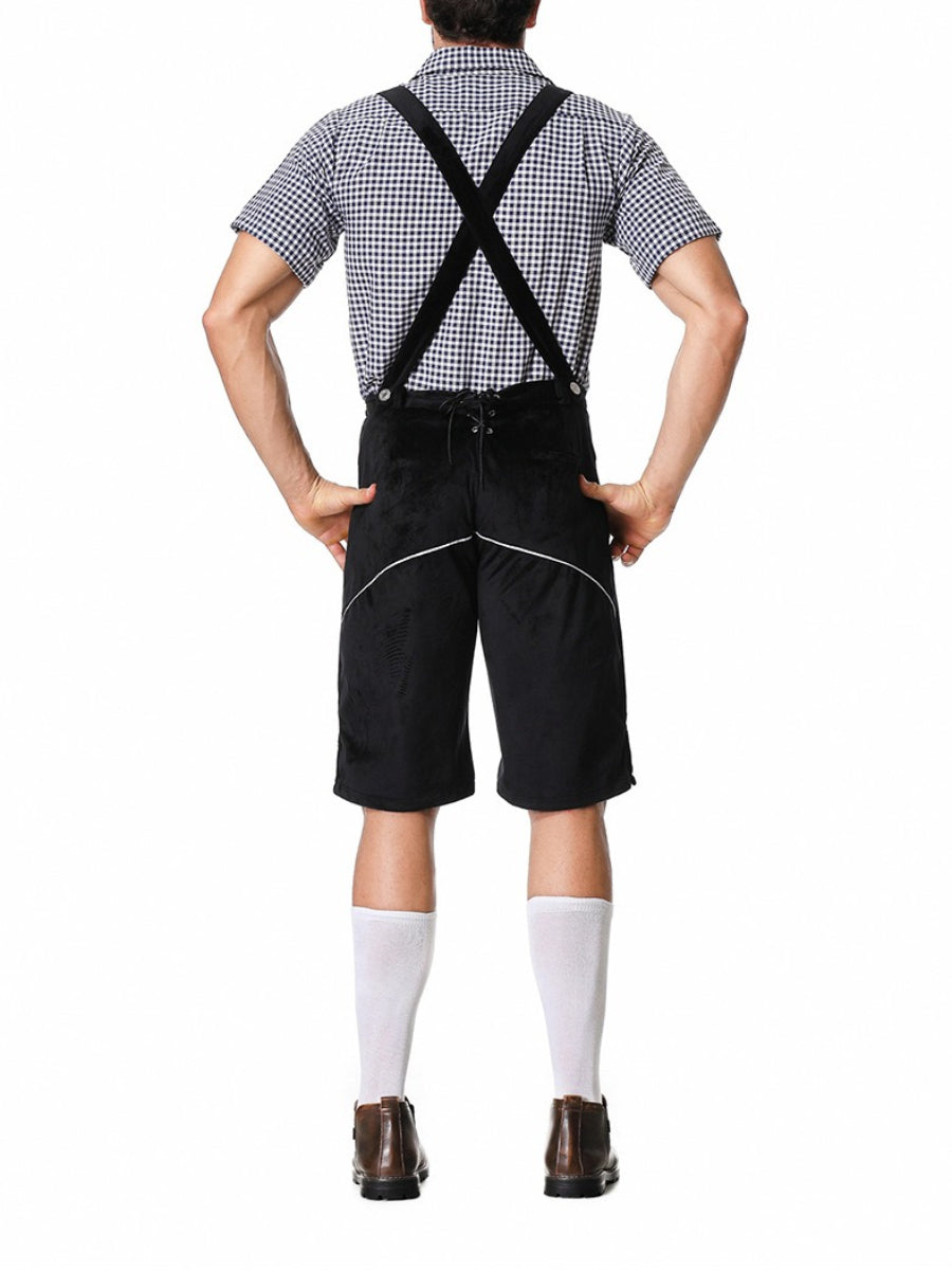 Sophisticated men's leather trousers set with intricately embroidered pants trendy suspenders and timeless plaid shirt – the perfect outfit for festive occasions