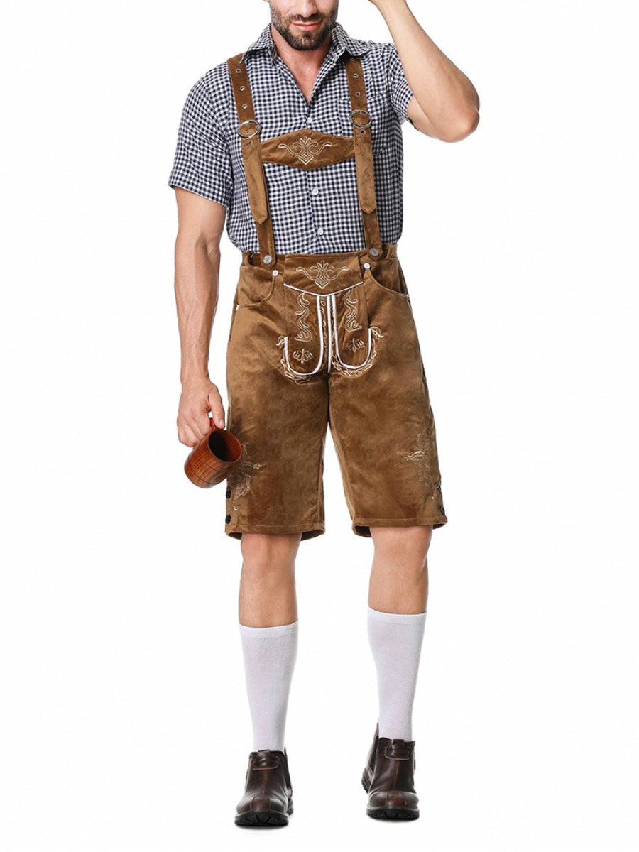 Sophisticated men's leather trousers set with intricately embroidered pants trendy suspenders and timeless plaid shirt – the perfect outfit for festive occasions