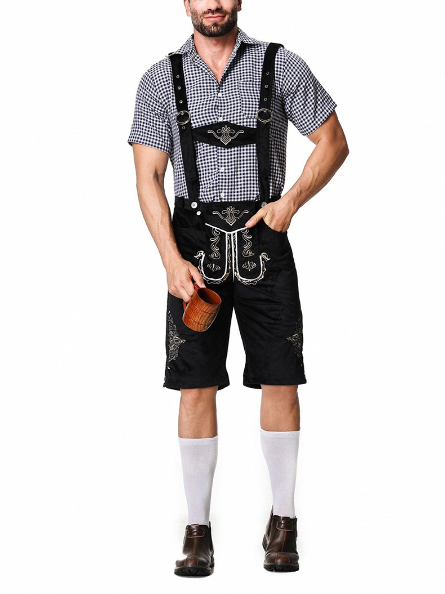 Sophisticated men's leather trousers set with intricately embroidered pants trendy suspenders and timeless plaid shirt – the perfect outfit for festive occasions