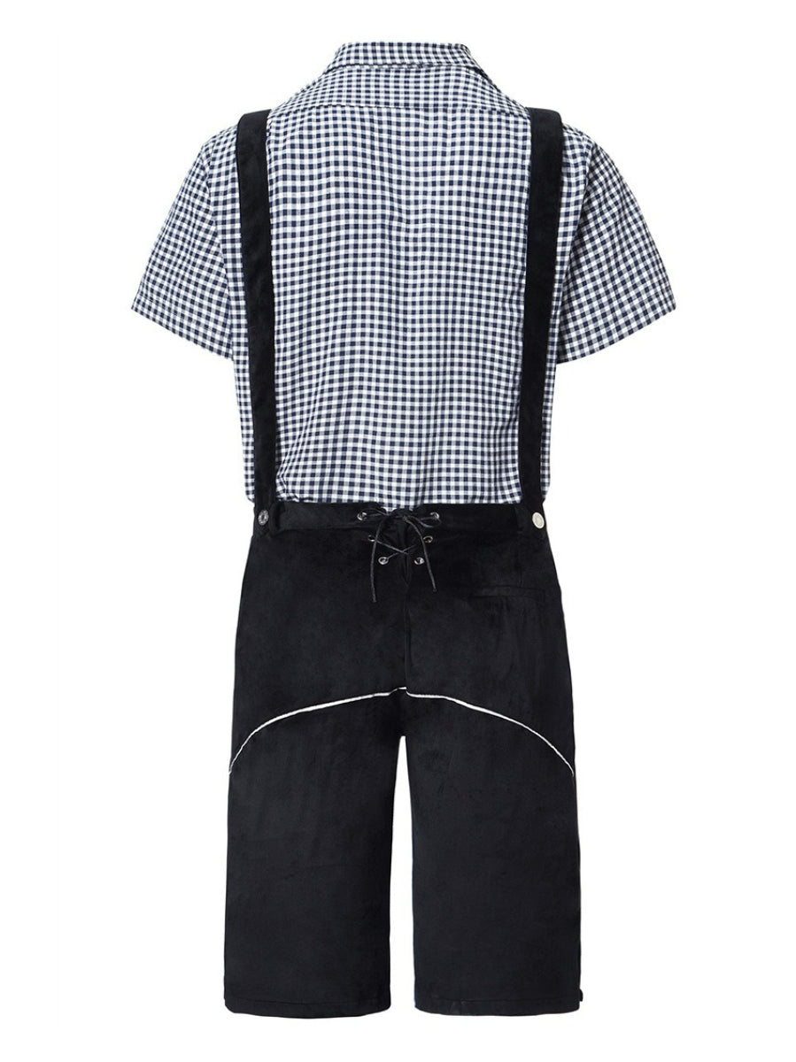 Sophisticated men's leather trousers set with intricately embroidered pants trendy suspenders and timeless plaid shirt – the perfect outfit for festive occasions