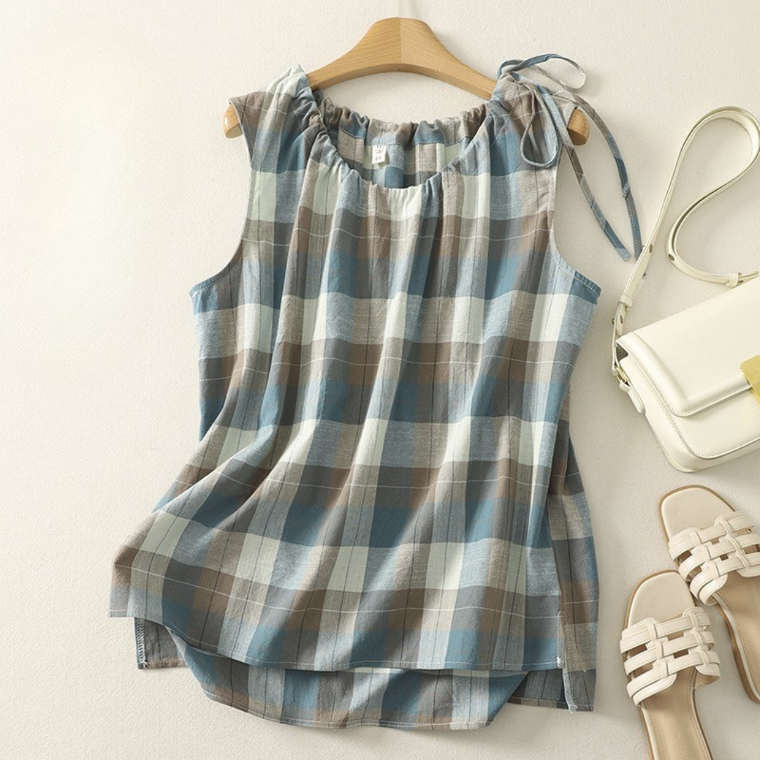 Women's Summer Sleeveless Shirt in Soft Plaid with Flowy Relaxed Fit
