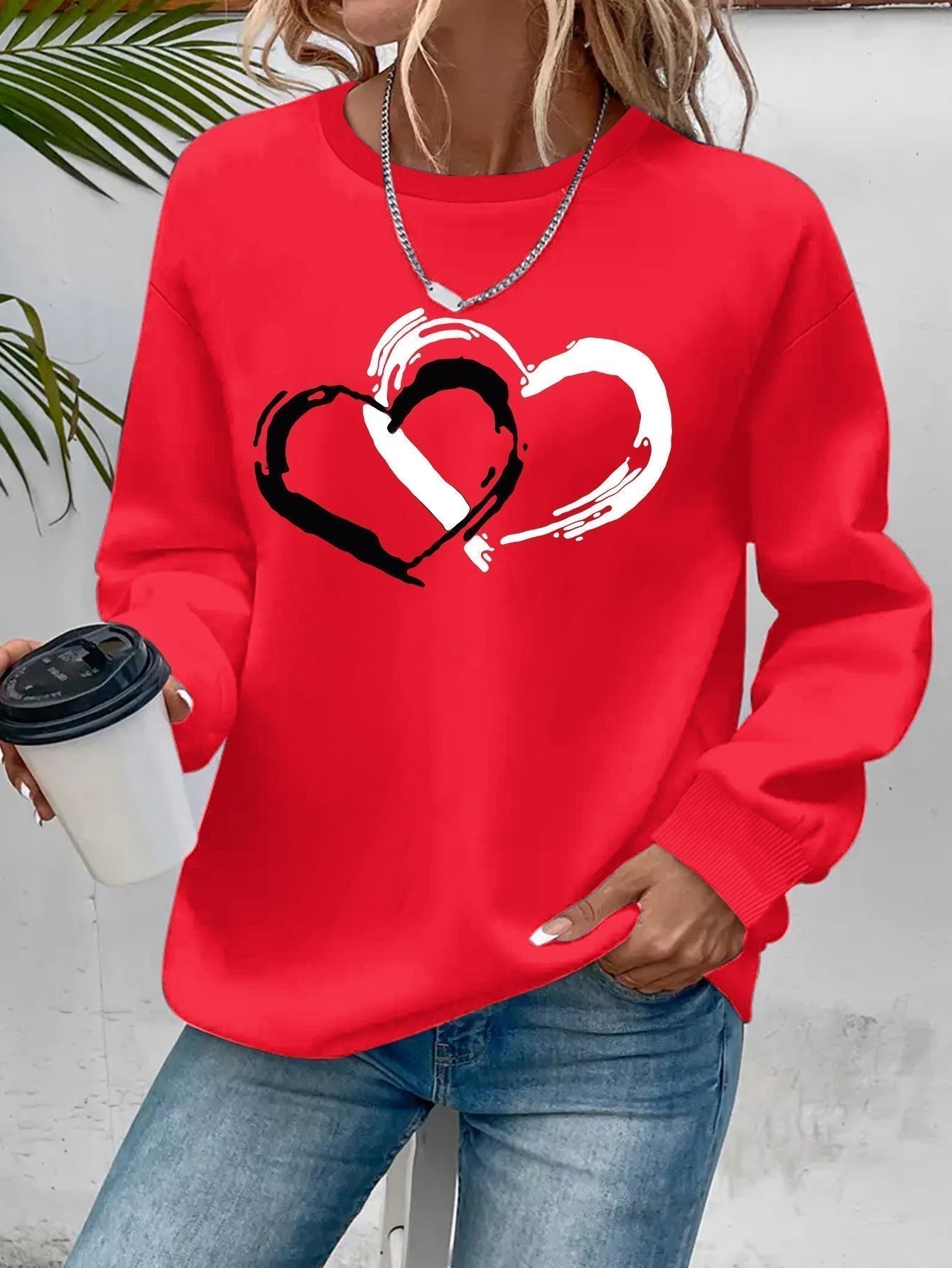 Women Sweater with Heart Motif and Relaxed Fit