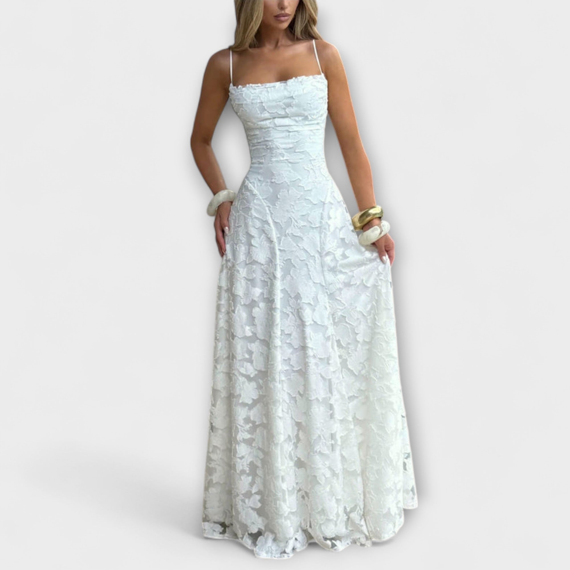 Women's Summer Jacquard Maxi Dress with Shawl Neckline and Adjustable Tie Straps