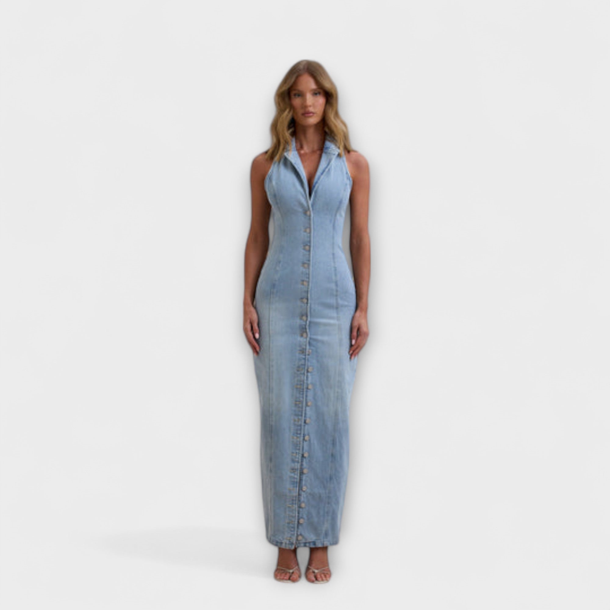 Women's Summer Halter Neck Denim Maxi Dress with Back Ruffle Detail