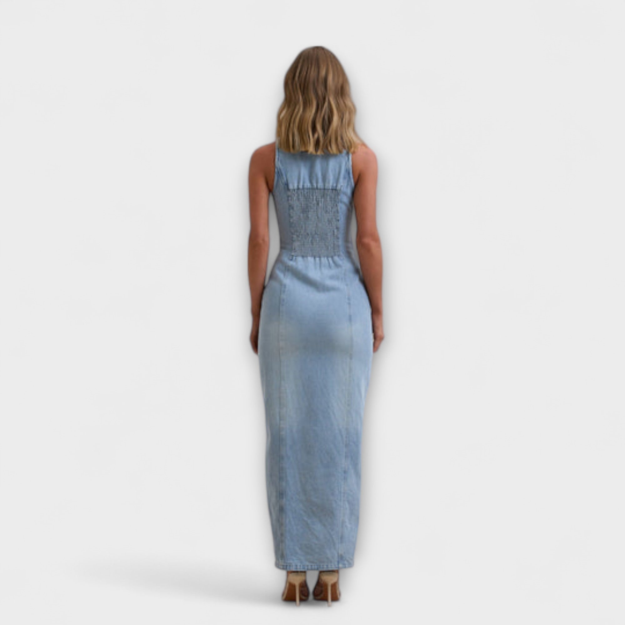 Women's Summer Halter Neck Denim Maxi Dress with Back Ruffle Detail