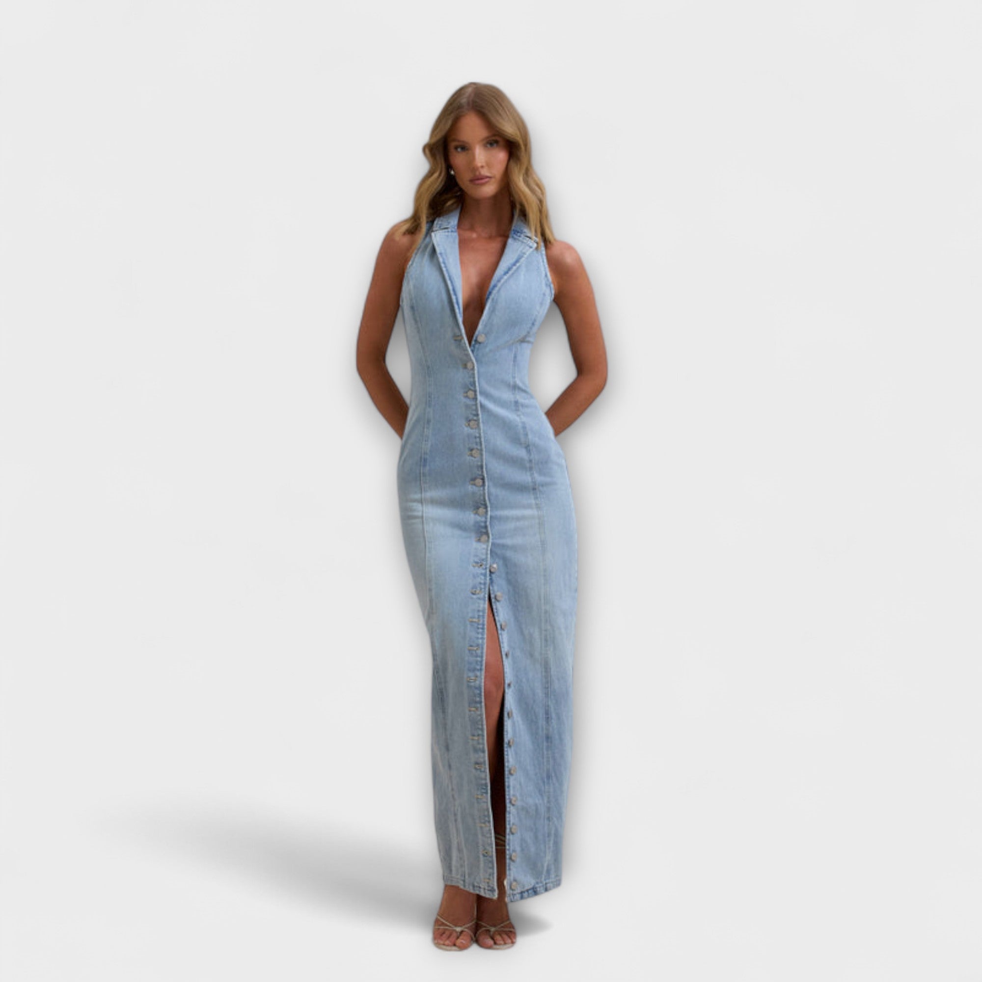 Women's Summer Halter Neck Denim Maxi Dress with Back Ruffle Detail