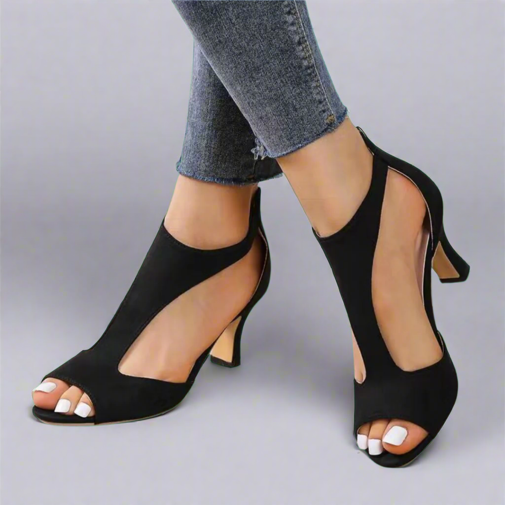 Women's Heel Sandal with Sculpted Curved Cut and Rear Zip