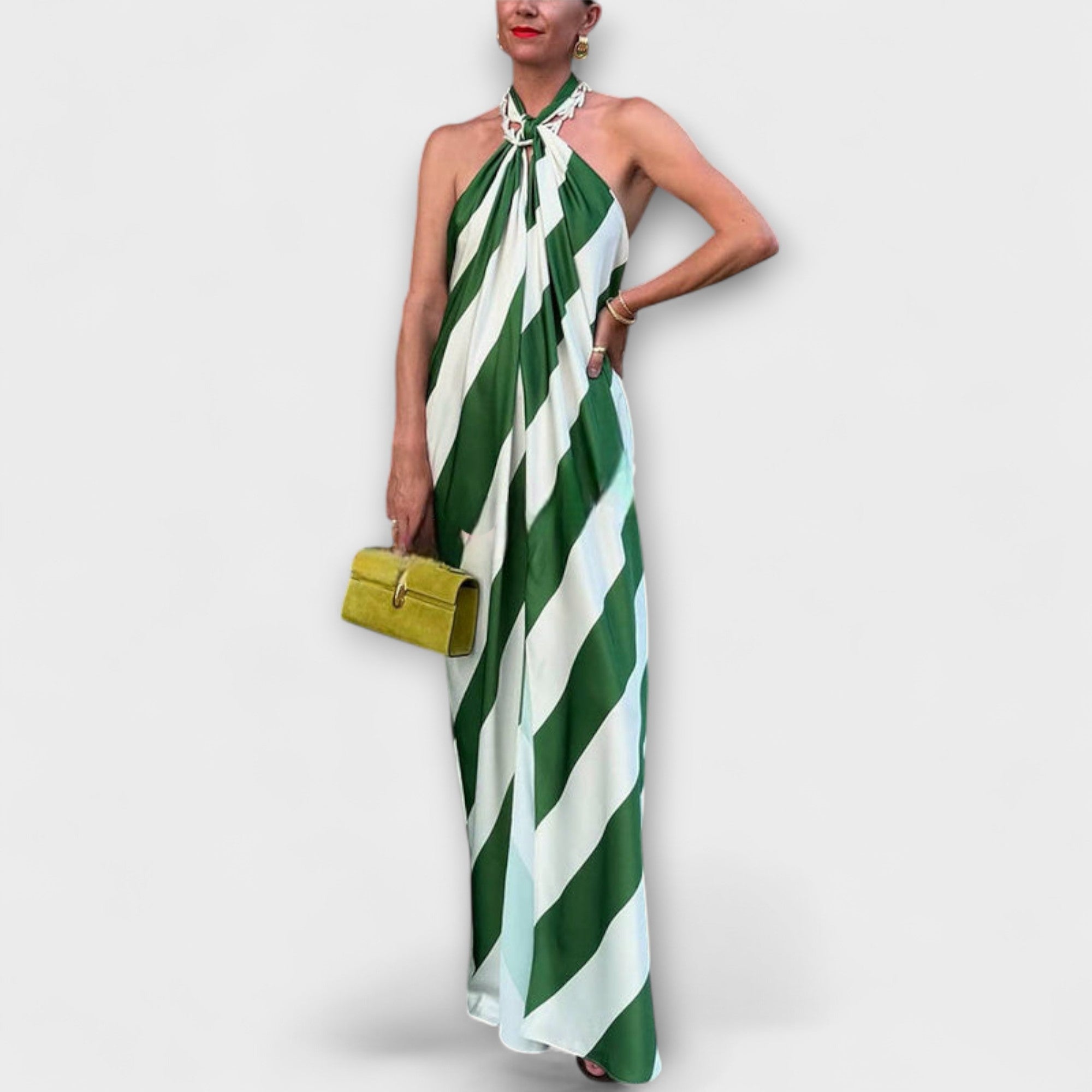 Women's Summer Halter Backless Maxi Dress with Striped Pattern and Ankle-Length