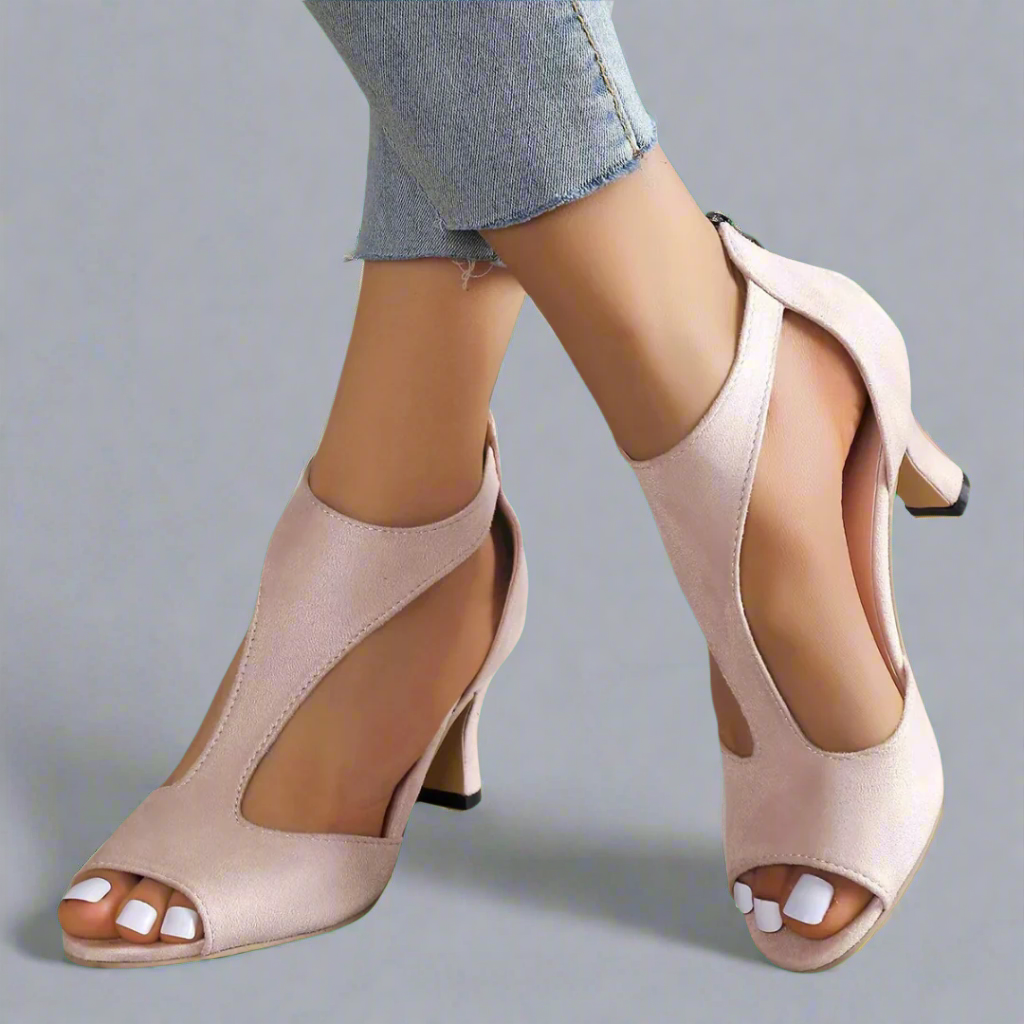 Women's Heel Sandal with Sculpted Curved Cut and Rear Zip