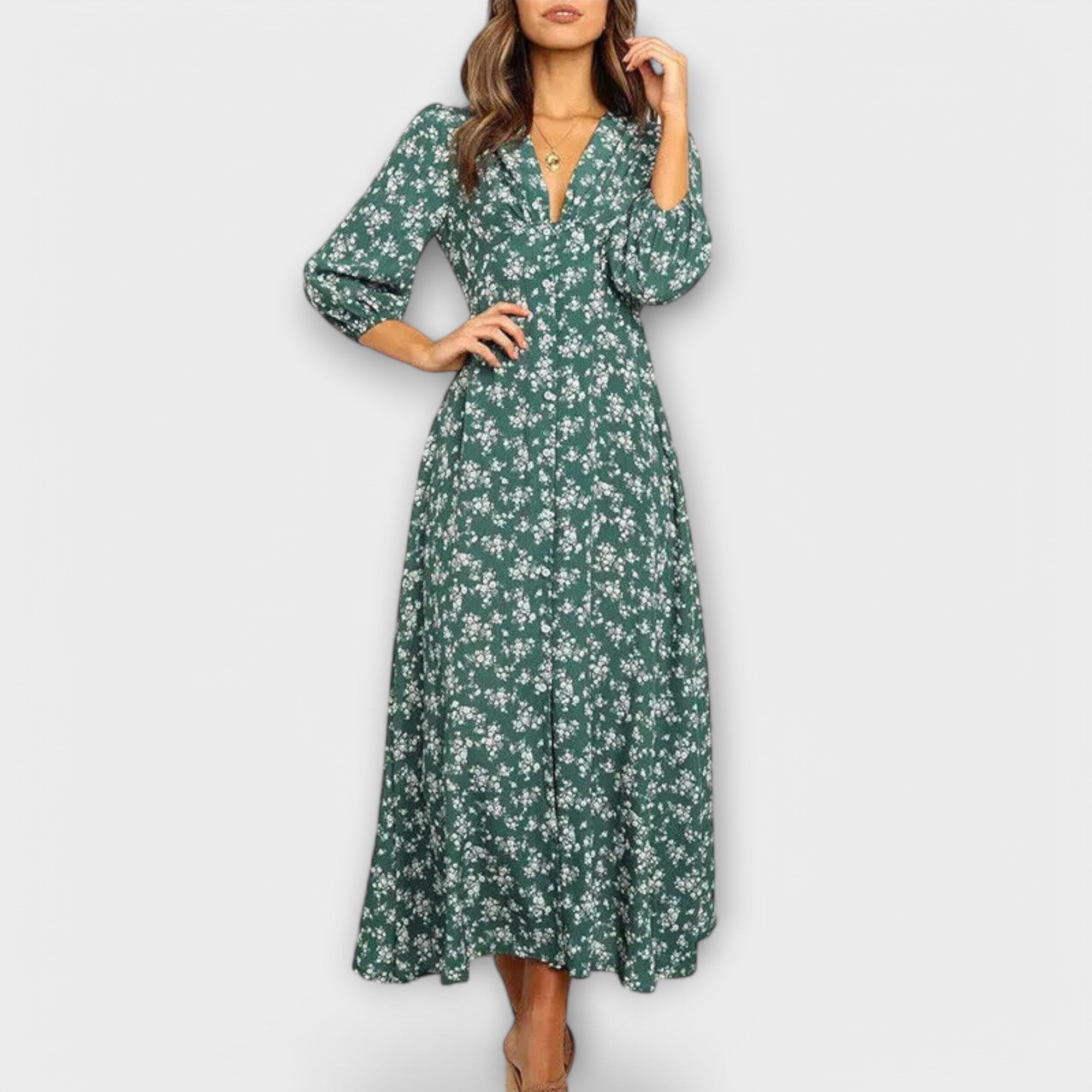 Women's Floral Print V-Neck Button-Front Maxi Dress with 3/4 Sleeves