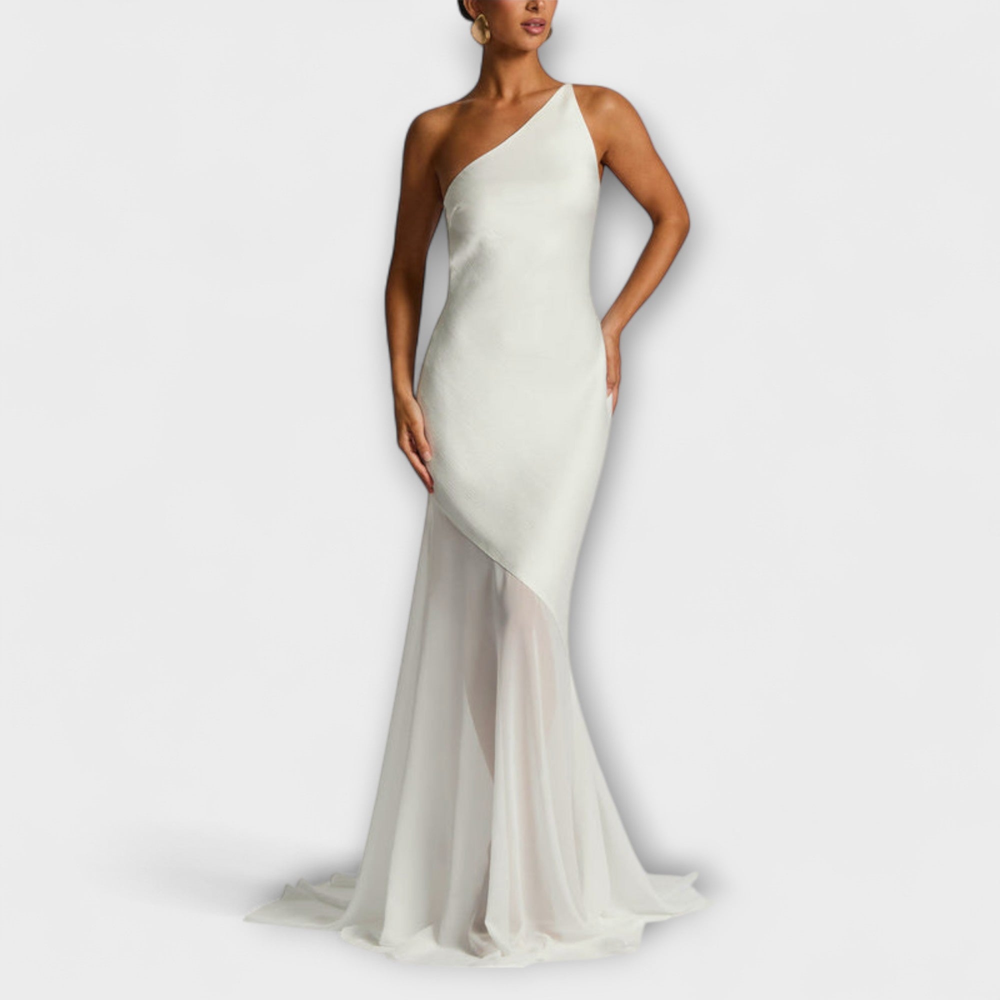 Women's Formal One-Shoulder White Maxi Dress with Sheer Hem
