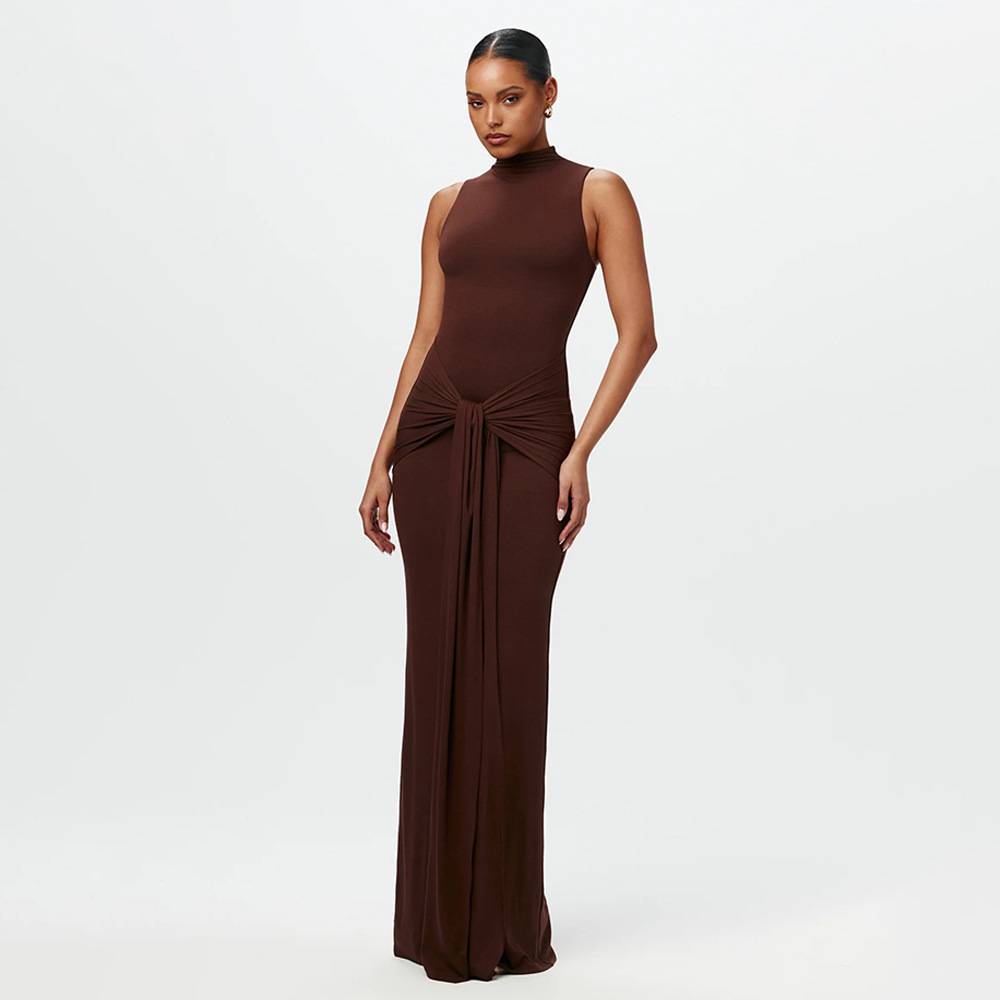 Women Summer Knotted Chiffon Maxi Dress with Flowing Silhouette