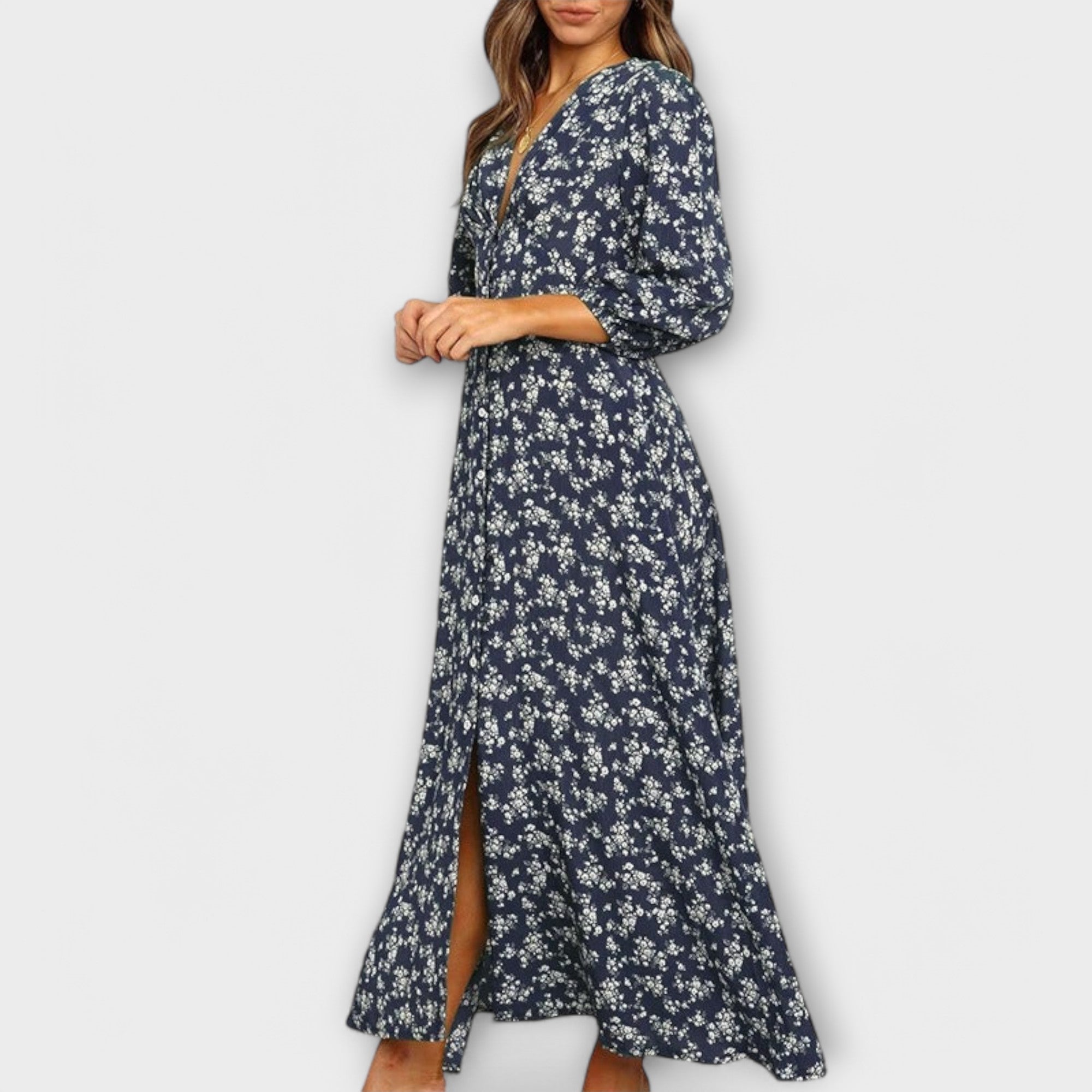Women's Floral Print V-Neck Button-Front Maxi Dress with 3/4 Sleeves