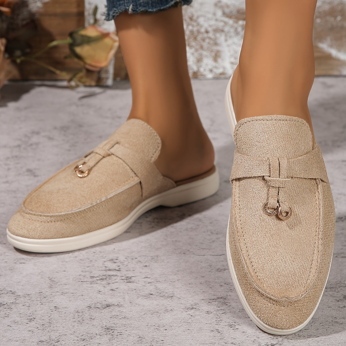 Women Backless Slip-On Loafer with Gold Hardware and Cushioned Insole