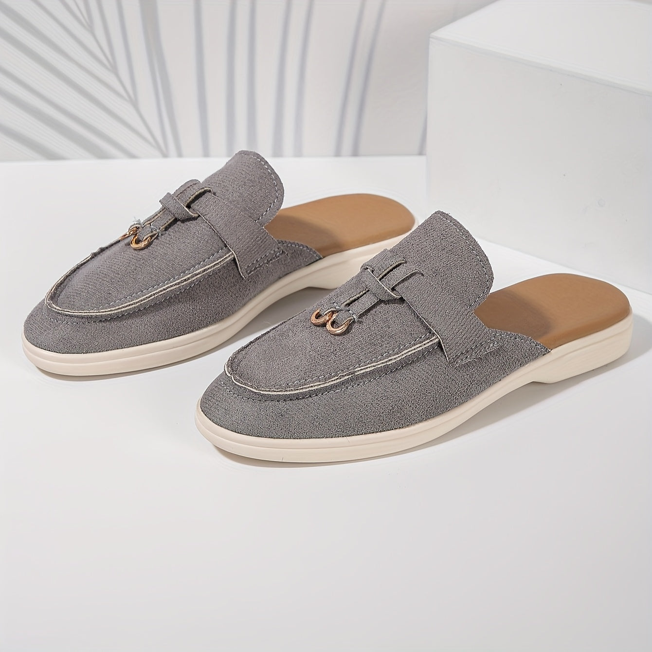 Women Backless Slip-On Loafer with Gold Hardware and Cushioned Insole