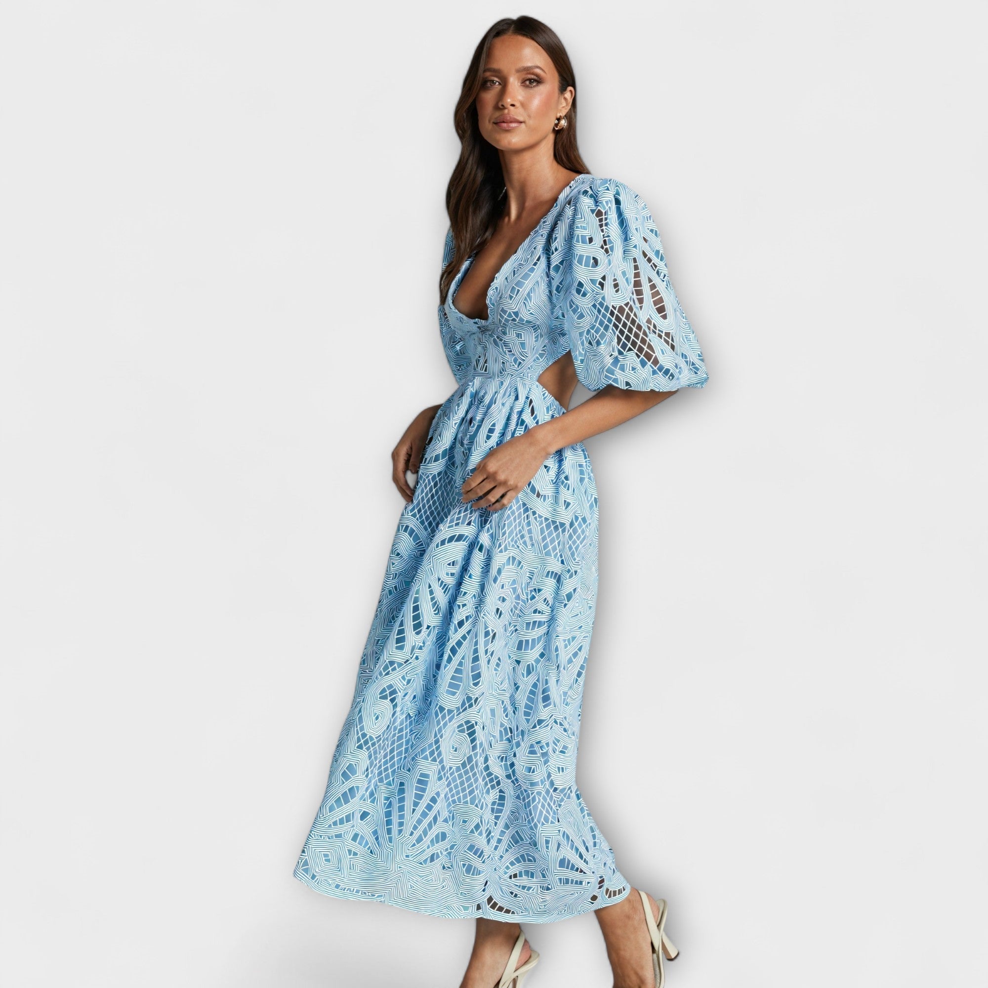 Women's Summer Dress with V-Neck, Puff Sleeves, and Waist Cut-Outs